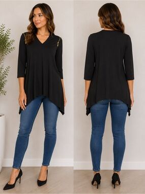 Chaus New York Black Zip Shoulder Sharkbite Tunic Top Medium